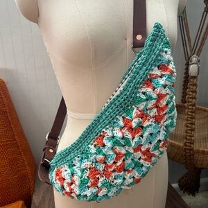 Handmade Crochet Crossbody Bag in Green, Orange, and White